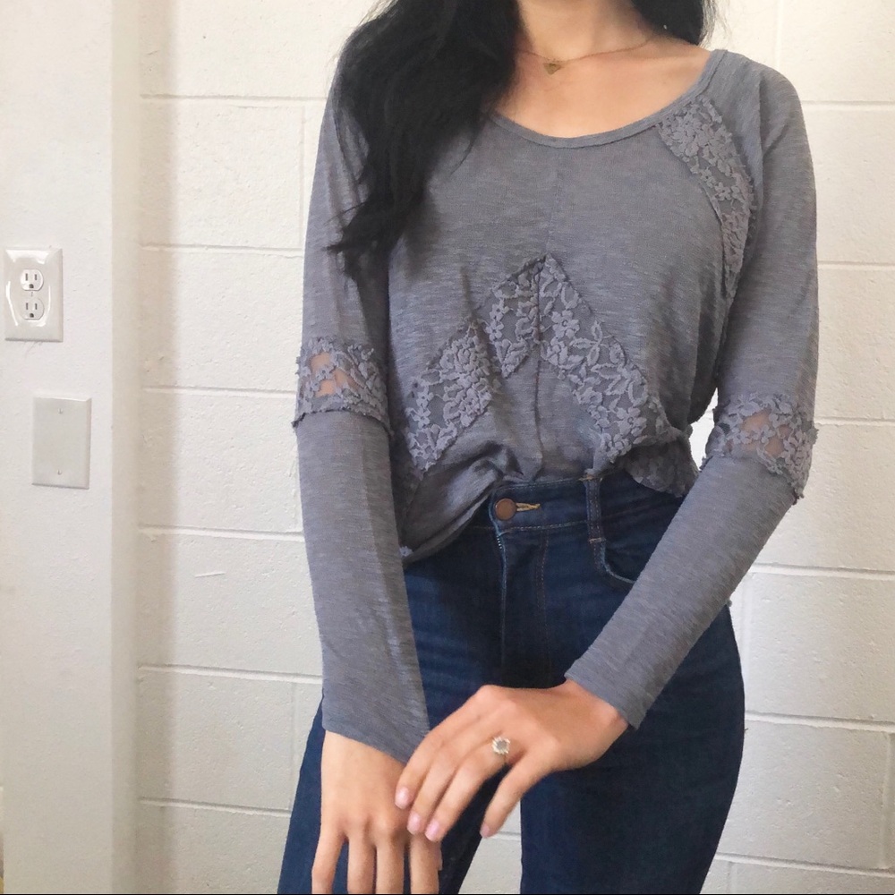 🎄Rumor Gray Lace detailed long sleeve blouse